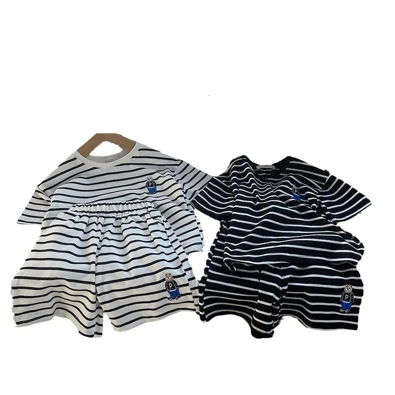 Summer Baby Striped Short Sleeve Clothes Set Cute Bear Infant Casual T Shirts Shorts 2pcs Suit Cotton Toddler Outfits 250415