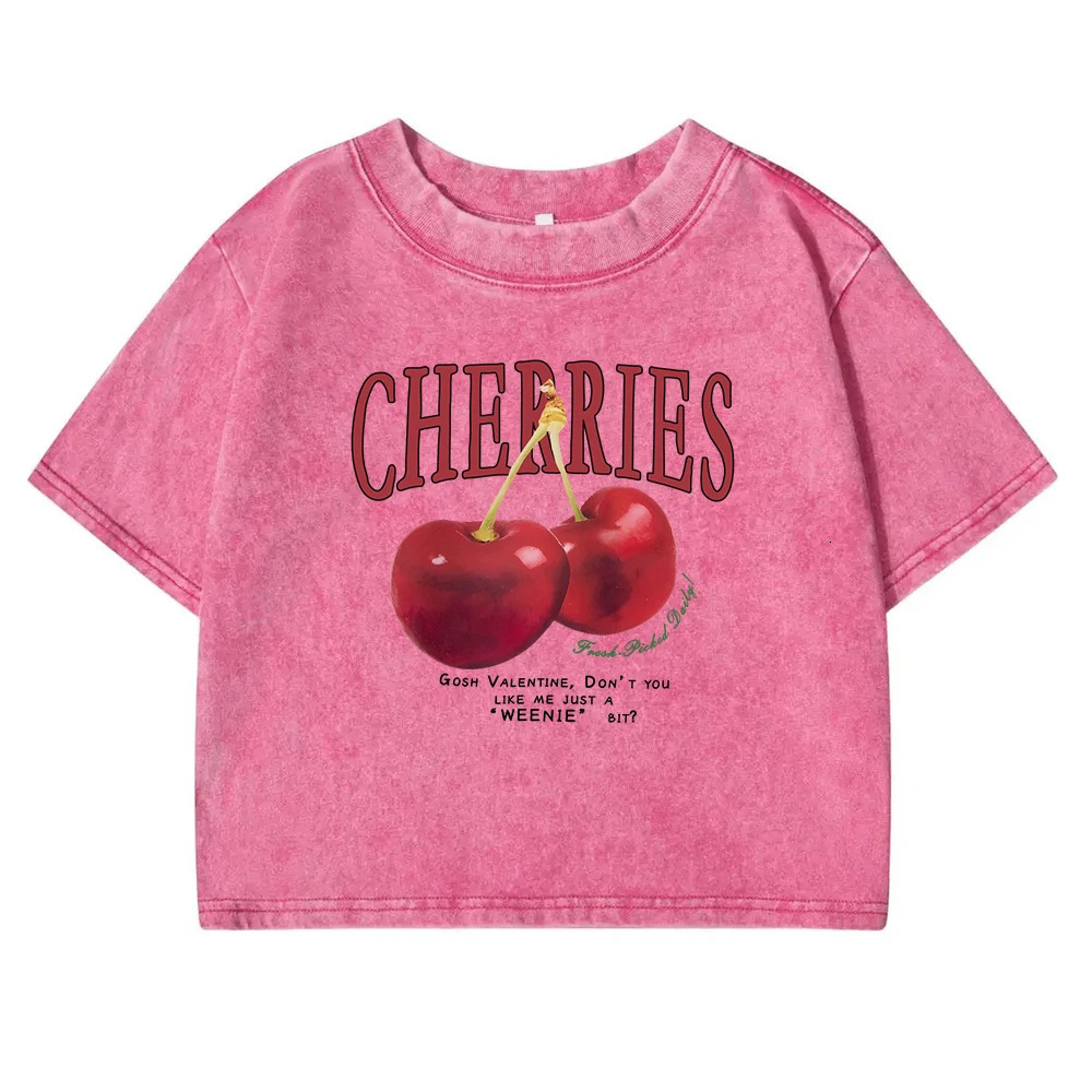 Red Cherries Letter Printed Female T-shirt Fashion Summer Washed Clothing Casual Cotton Crop Top Retro Tee Shirts For Women 250415