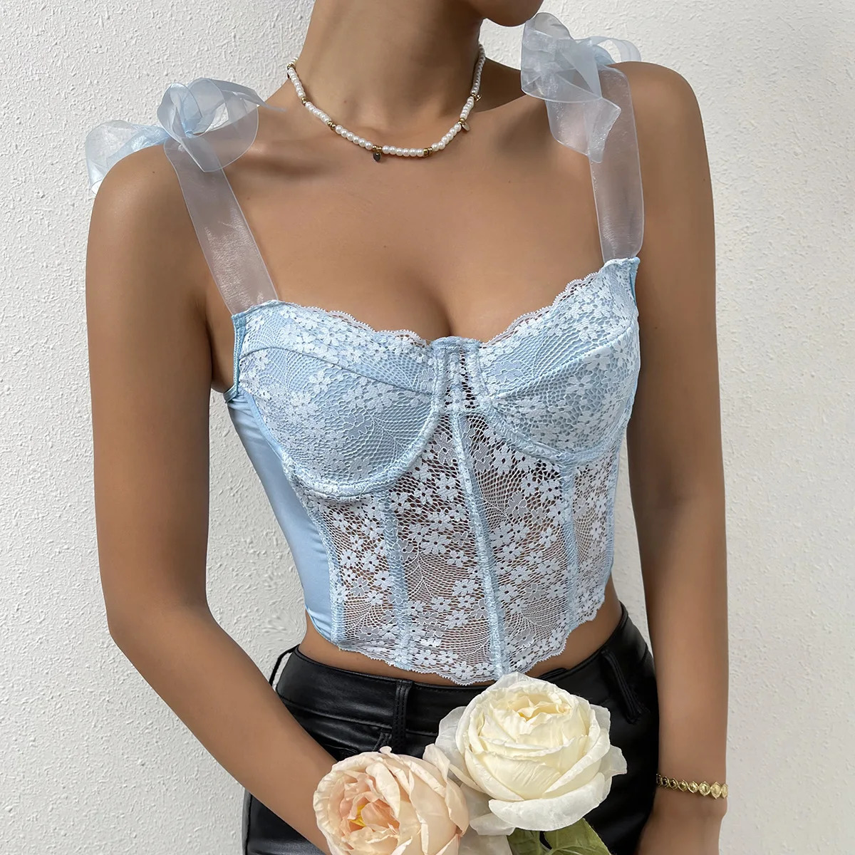 Lace Bow Ribbon Floral Mesh Hollowing Corset Rhomboid Fishbone Crop Tops Korean Sweet Style Sexy Camisoles for Party Vacation 250415