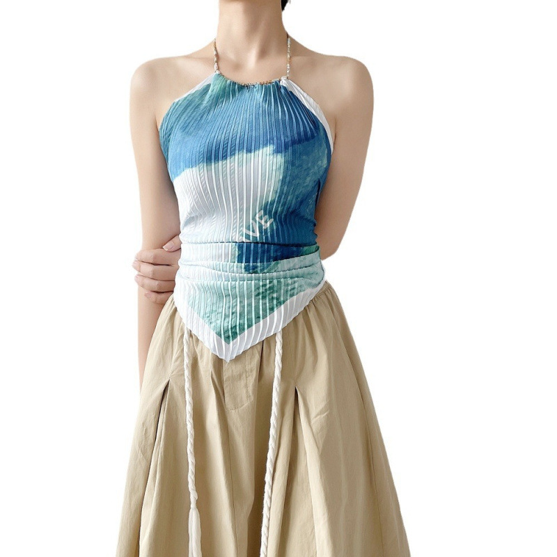 K401 New Japanese and Korean pleated silk scarf suspenders for women, high-end silk scarf, cross-border light luxury style chiffon oil painting style 