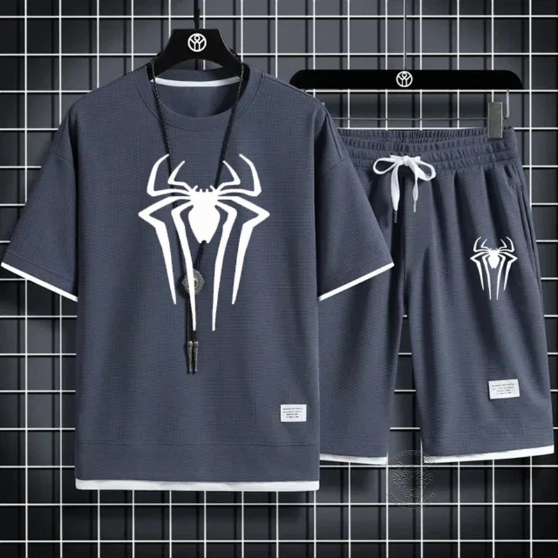 Summer mens spider printed Tshirtshorts set casual twopiece waffle sweatshirt 2024 fashionable and comfortable M3XL 250414Z