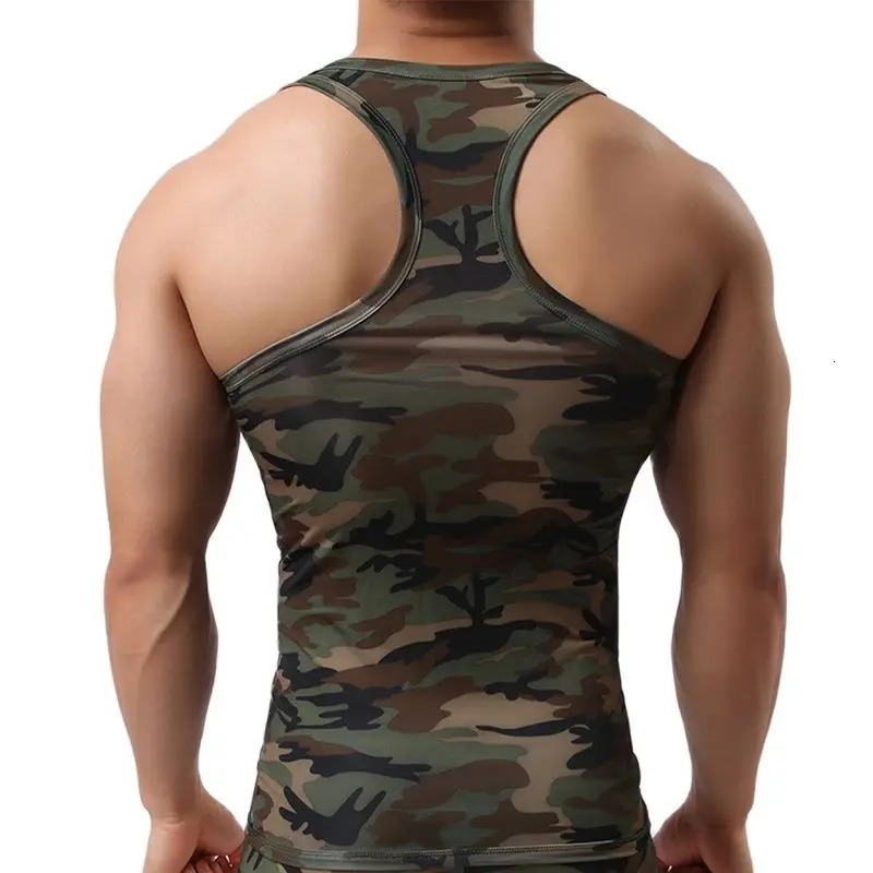 CLEVERMENMODE quick drying mens tank top sleeveless fitness shirt camouflage single shoulder strap vest elastic clothing 250407