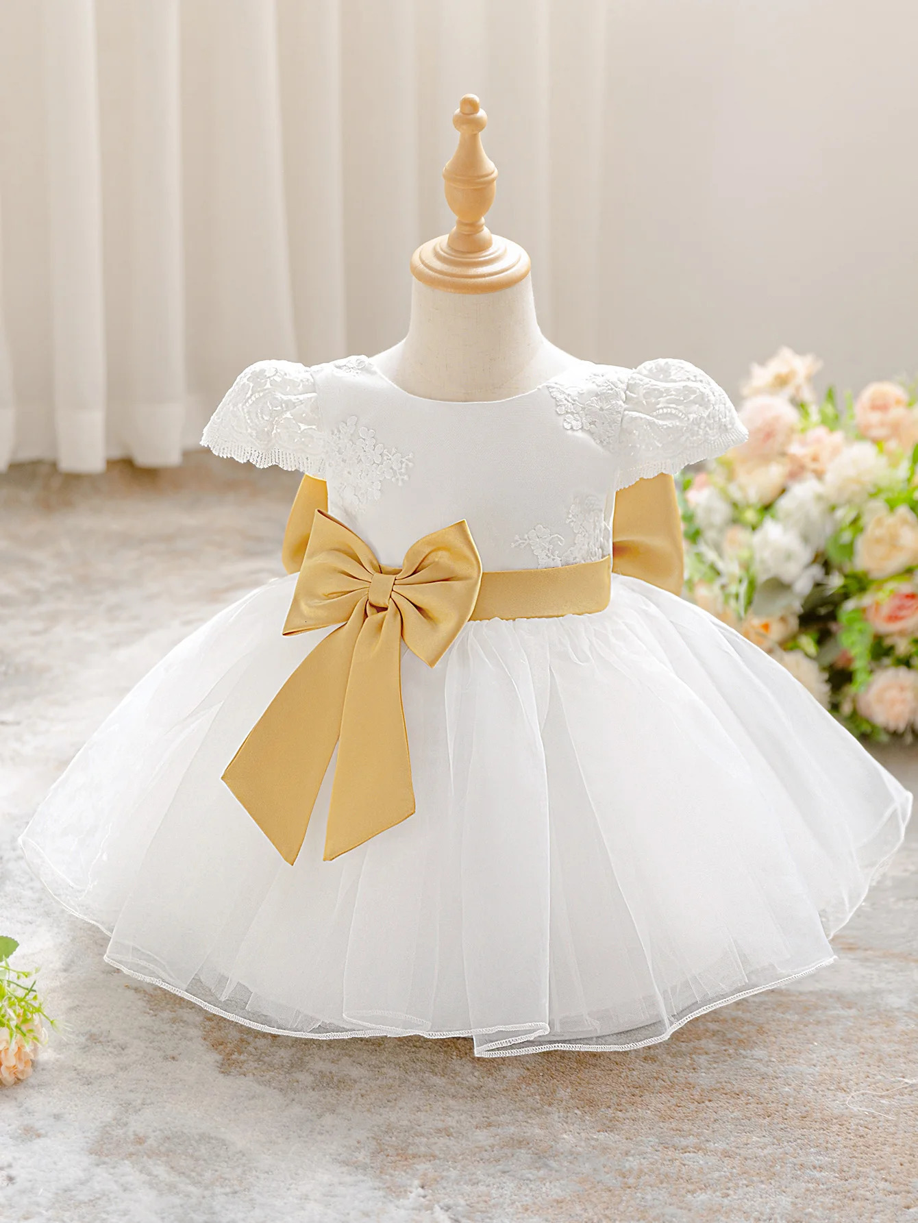 Infant Bow Baptism Party Girls Dress Elegant Baby 1st Birthday Wedding Princess Costume Kids White Bridesmaids Christening Dress 250415