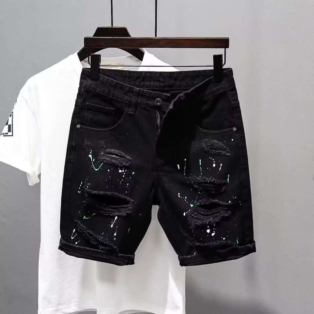 Summer distressed thin denim shorts, men's black versatile, washed slim fit, 5/4 mid length pants, trendy brand youth