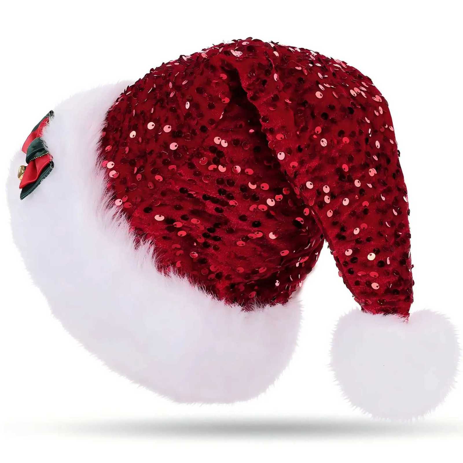 New Christmas Hat Red Sequin Bowknot Design Double Layer Plush Extra Thickened Long Furry Decorative Christmas Cap for Holiday Y251115