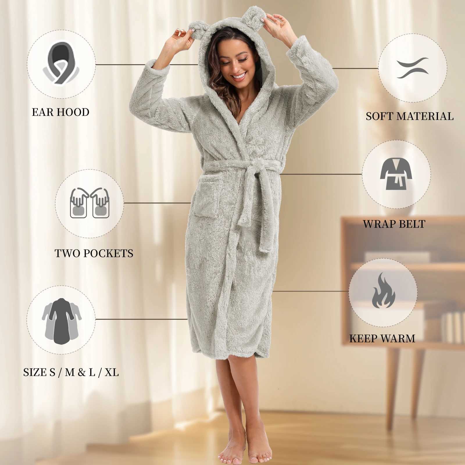Womens Winter Plush Hooded Robe Home Clothes Sleepwear Long Sleeve Casual Waist Strap Warm Sleepwear Home Clothes C251115