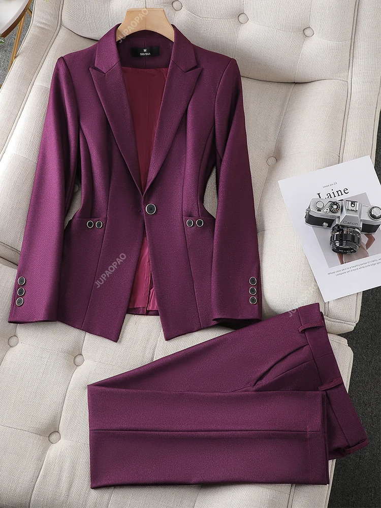 Formal Blazer and Pant Suit for Women Solid Jacket and Trouser Female Business Work Wear Green Purple Blue Black 2 Piece Set 250410