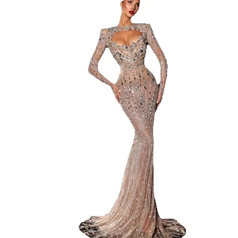Sexy Beaded Rhinestones Evening Dress Illusion Long Sleeve Prom Dresses Customized Floor Length Party Gown