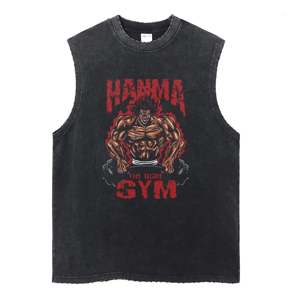 Harajuku Streetwear Washed Anime Print Tank Tops Fashion Ripped Casual Vest Men Summer Sleeveless Cotton Vintage Vest Tee Unisex 250415