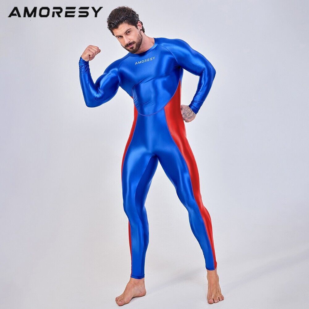 Men's Shiny AMORESY Glossy Bodysuit Jupsuits Fiess Overalls Sportswear Tights
