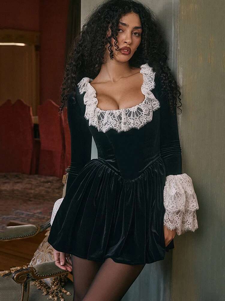 Mozision Lace Flare Long Sleeve Sexy Mini Women Black Fashion Square Collar High Waist Pleated Club Party Dress Elegant