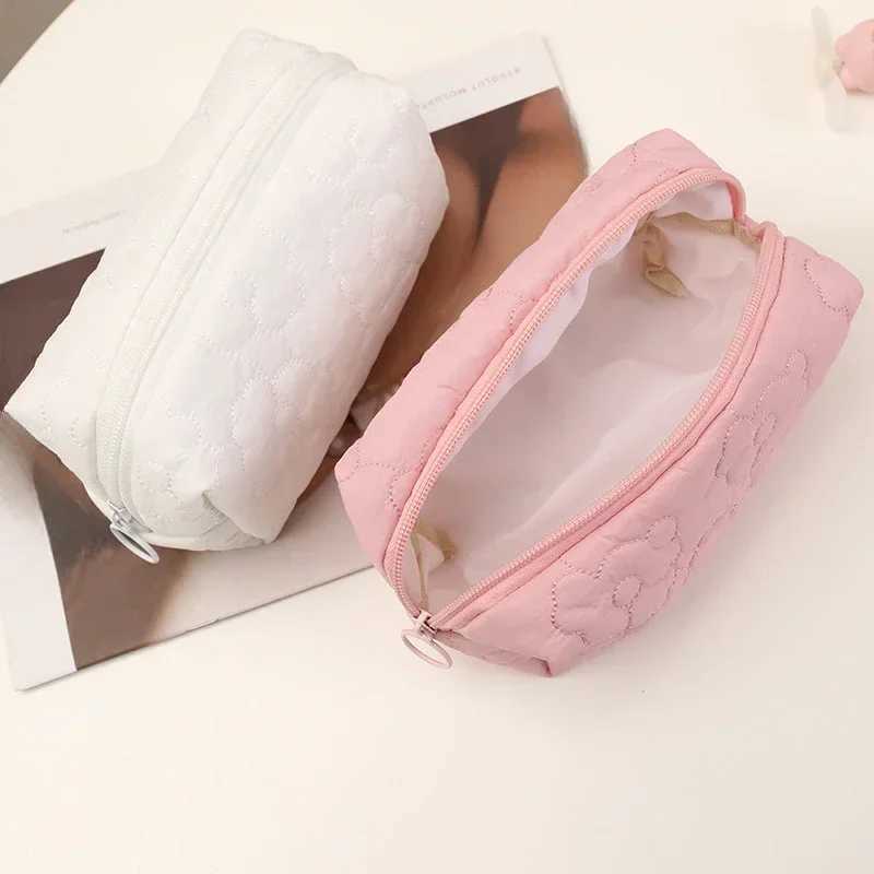 Womens pink and white cotton embroidered pillow makeup bag large capacity makeup organizer bag portable travel storage bagXJ250415
