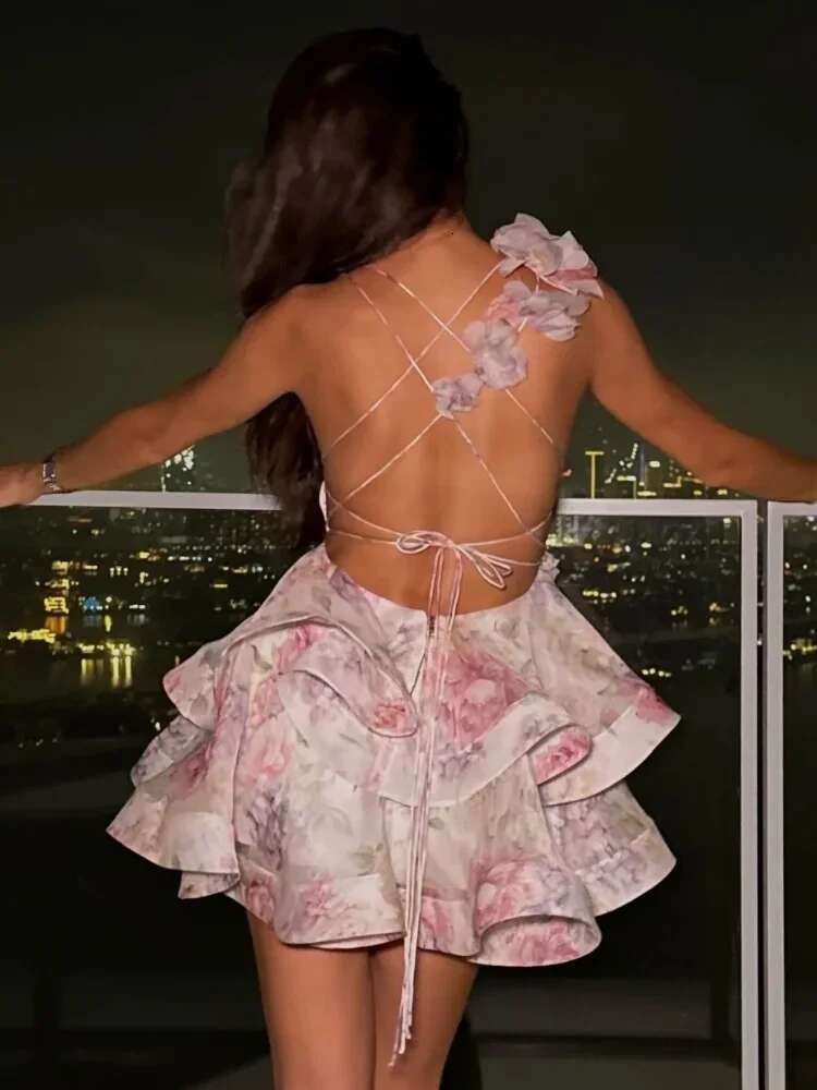 Elegant 3D Wer Splicing Lace Up Women Sg Dress Fashion Backless Sleeveless Print Fold Hem Mini Dresses Lady New Beach Robe