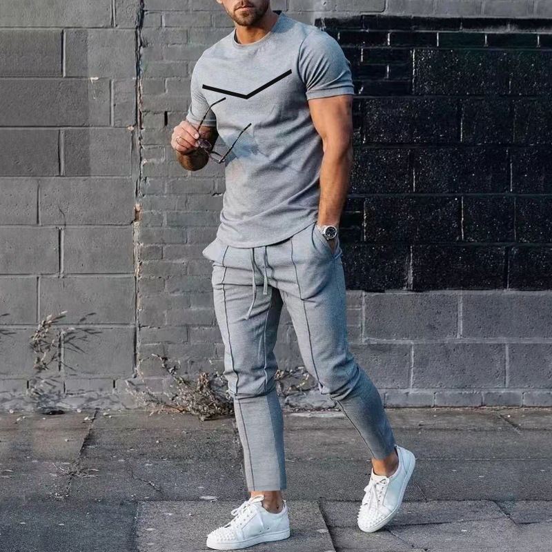 2025 autumn new casual round neck printed two-piece set sports suit men's