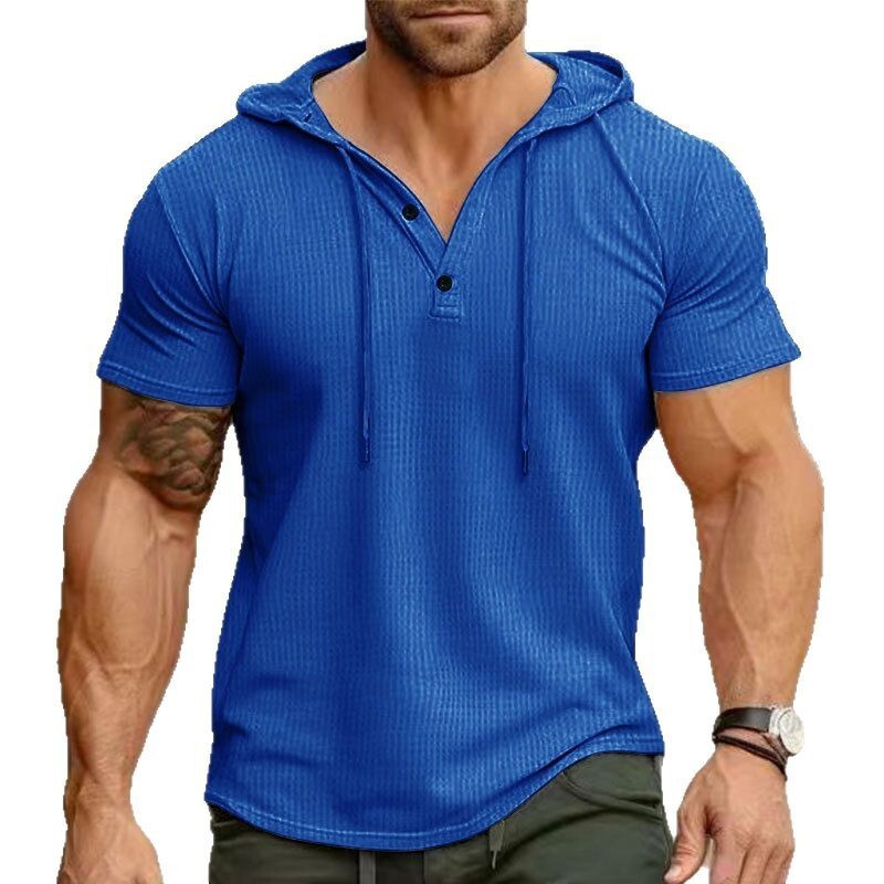 2025 New Summer Short sleeved T-shirt Men's Hoodie Top American Henley Shirt