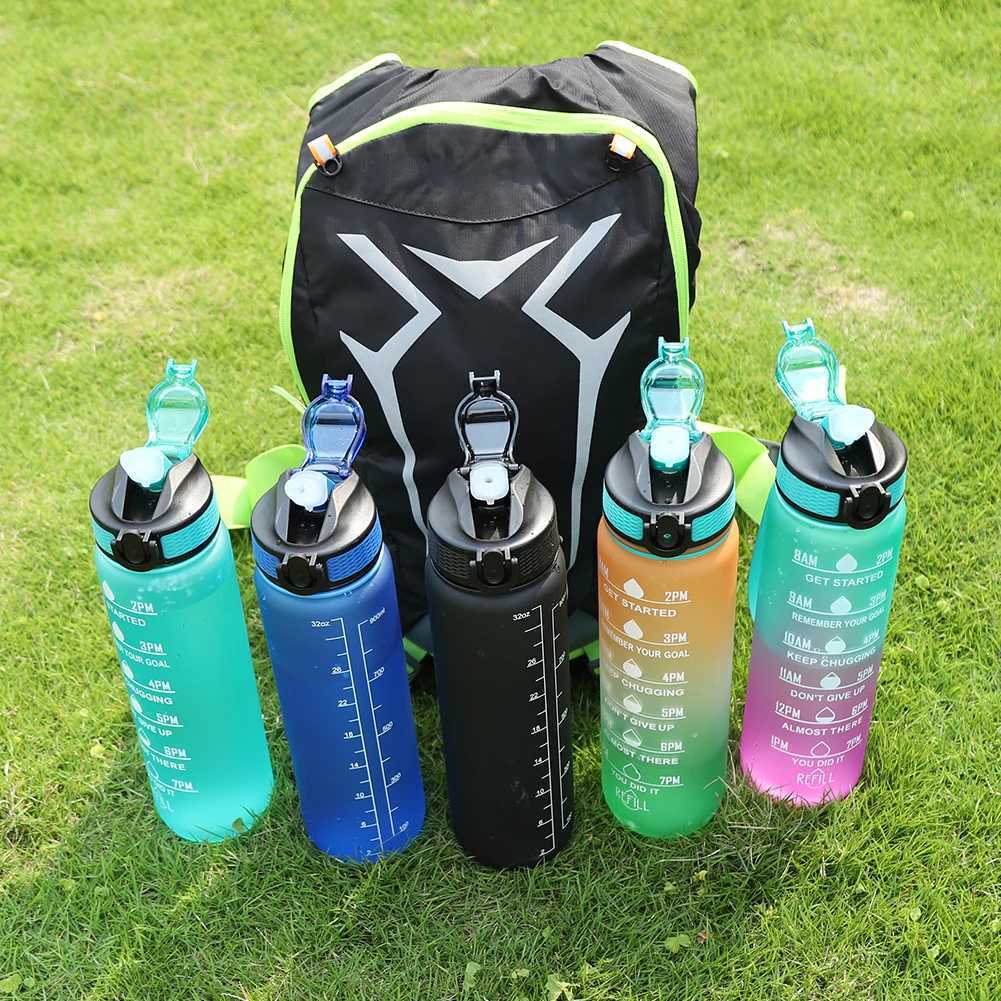 1L Sports Water Bottle Straw Cup 1 Litro with Time Maker Leak-Proof BPA Free Frosted Cup For Outdoor Sports Drinking BottleW251114