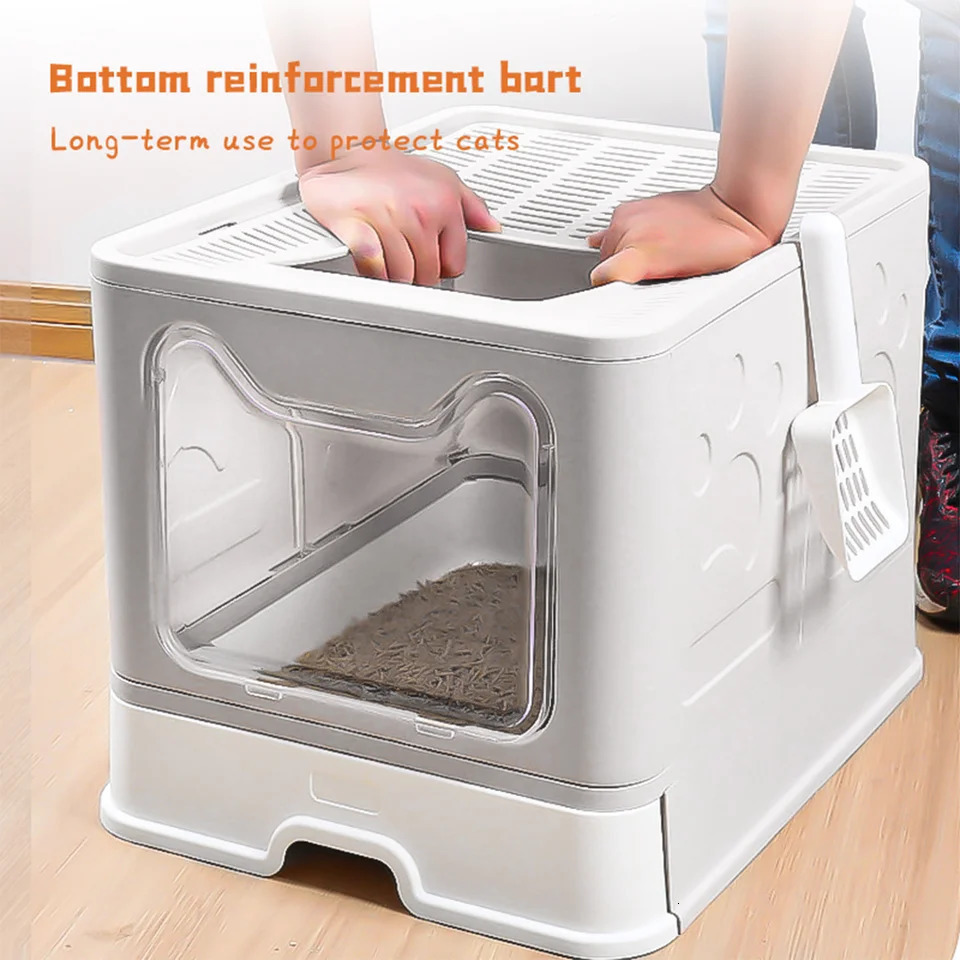Foldable Cat Litter Box Top Entry Enclosed Anti-Splashing Cat Toilet with Scoop Cleaning Brush 250414