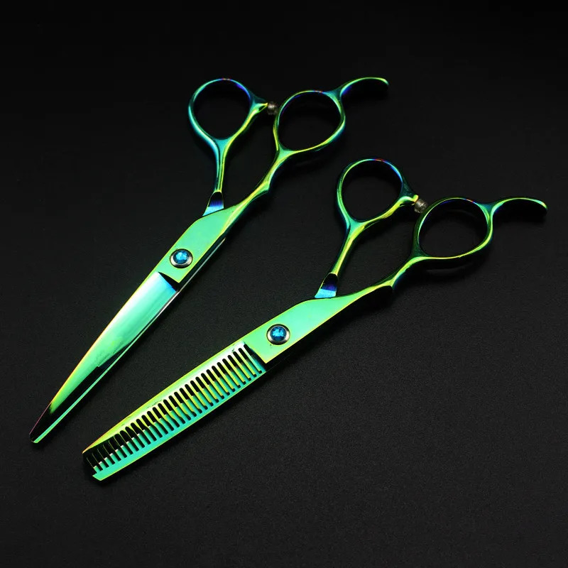 professional Japan 440c left handed 6 green hair scissors haircut thinning barber makas cutting shears hairdresser scissors 250414