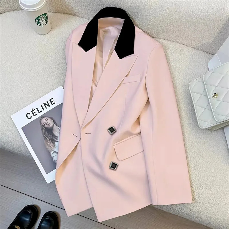 Womens Jacket Spring and Autumn Open Front Long Sleeve Double Chest Metal Button Ultra Thin Pocket Jacket Womens Jacket 250415