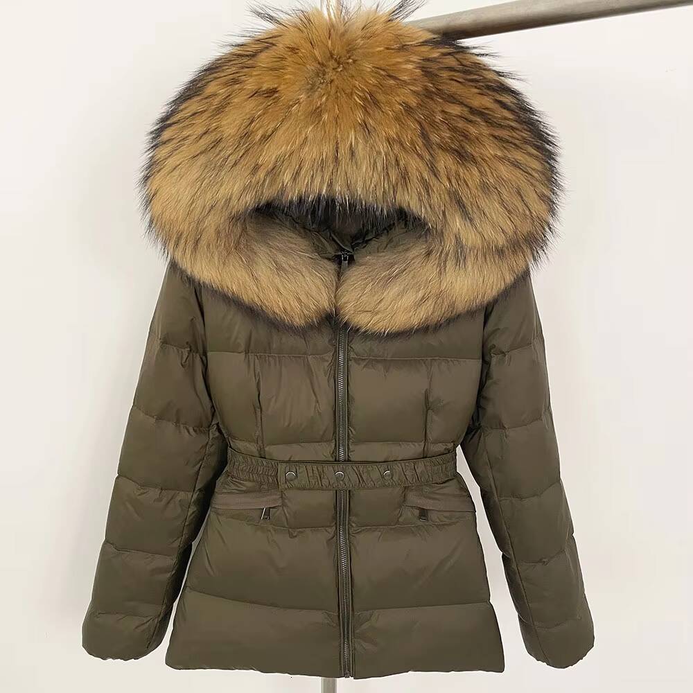 OFTBUY 2024 Womens Winter Jacket Natural White Duck Coat with Raccoon Fox Fur Collar Thick Warm Casual Outerwear Windproof Belt