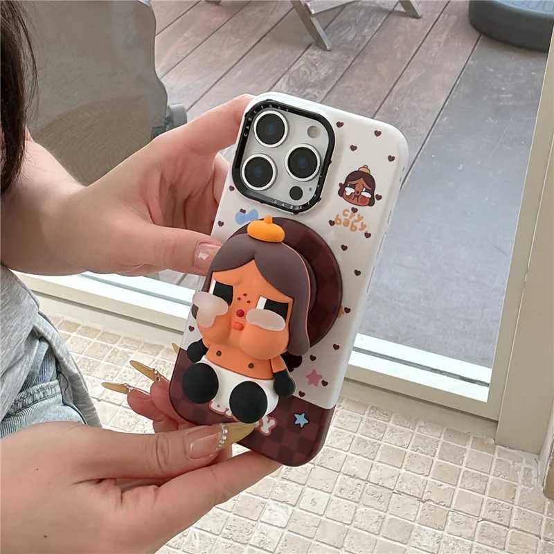 Korean Cute Plaid Pattern Girl Magnetic Phone Case For iPhone 16 Pro 15 14 Pro Max Cover with Stand Holder For J251202