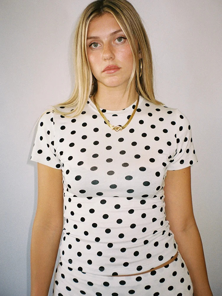 Absobe polka dot flash pants two-piece set womens crew short sleeved crop T-shirt folding splicing workwear Y2K casual set 250415