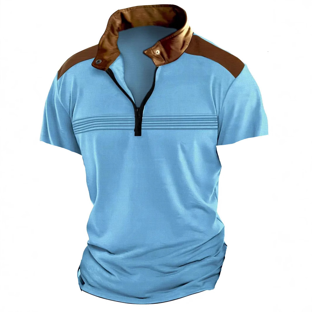 Summer new spliced wrinkled mens polo shirt with zipper and short sleeved sports polo shirt