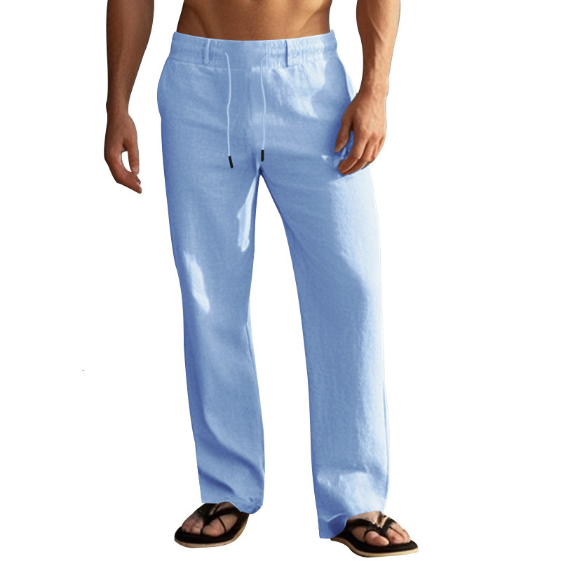 2025 new men's simple and fashionable solid color casual linen straight leg pants long