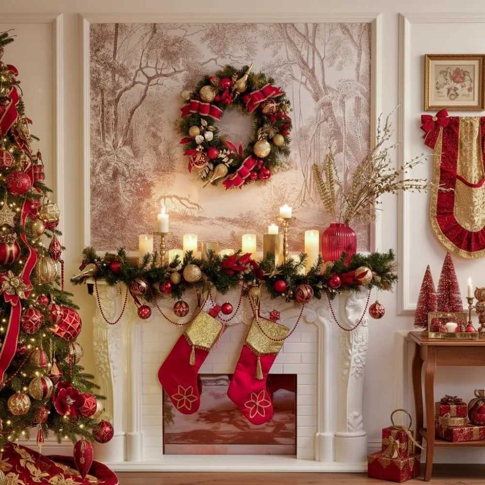 Pre-Lit 24 Inch Christmas Wreath for Front Door Large Outdoor Holiday Wreath with Red and Gold LightsM251115