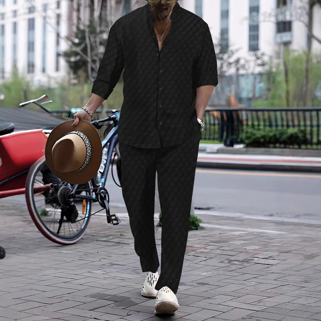 Spring and Autumn Mens Checkered Henli Collar Shirt Pants Trendy Casual Sports Set