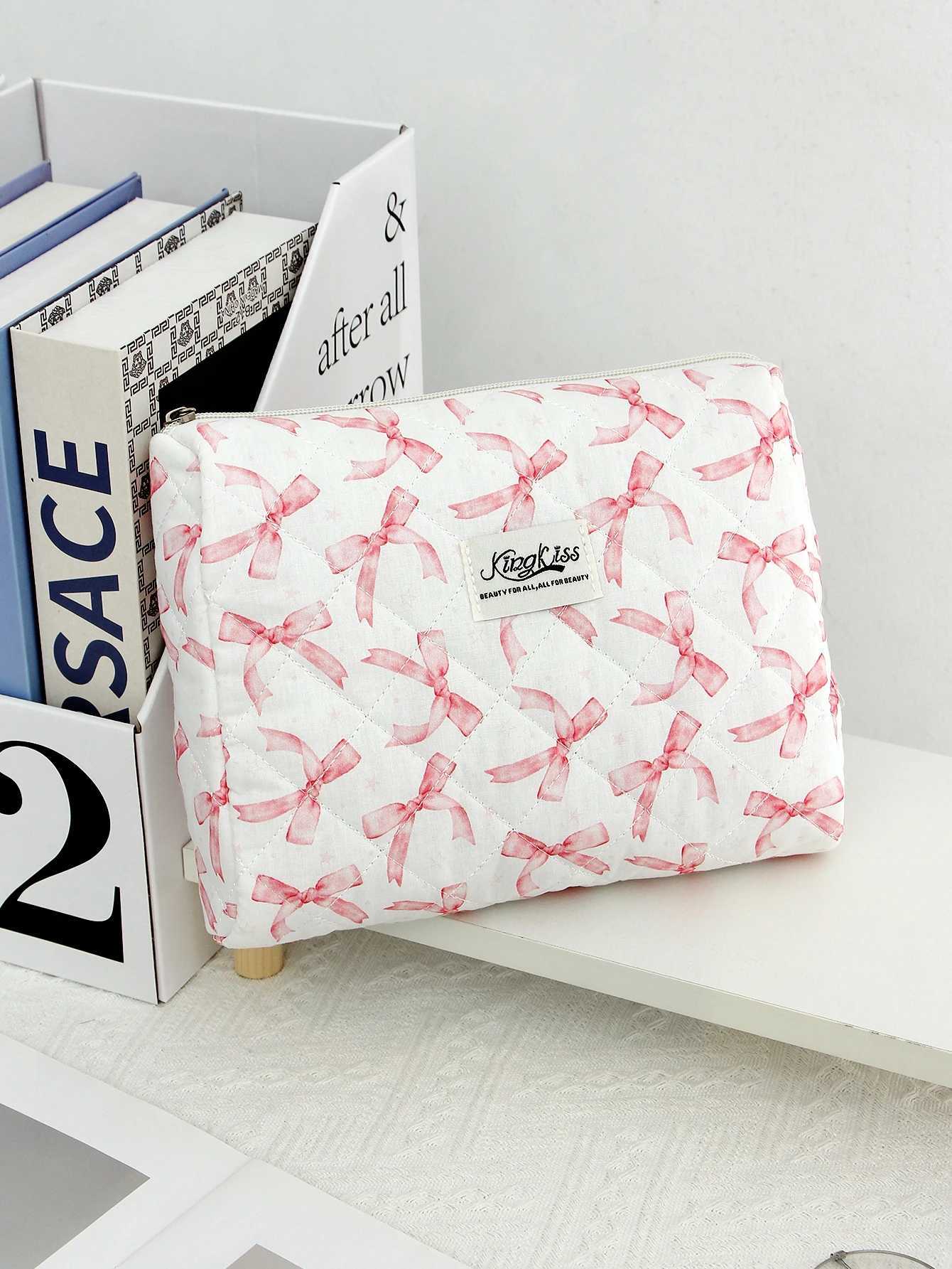 1 piece/set pink bow and star pattern printed quilted large capacity makeup bag portable travel makeup bag for girls makeup bagXJ250415