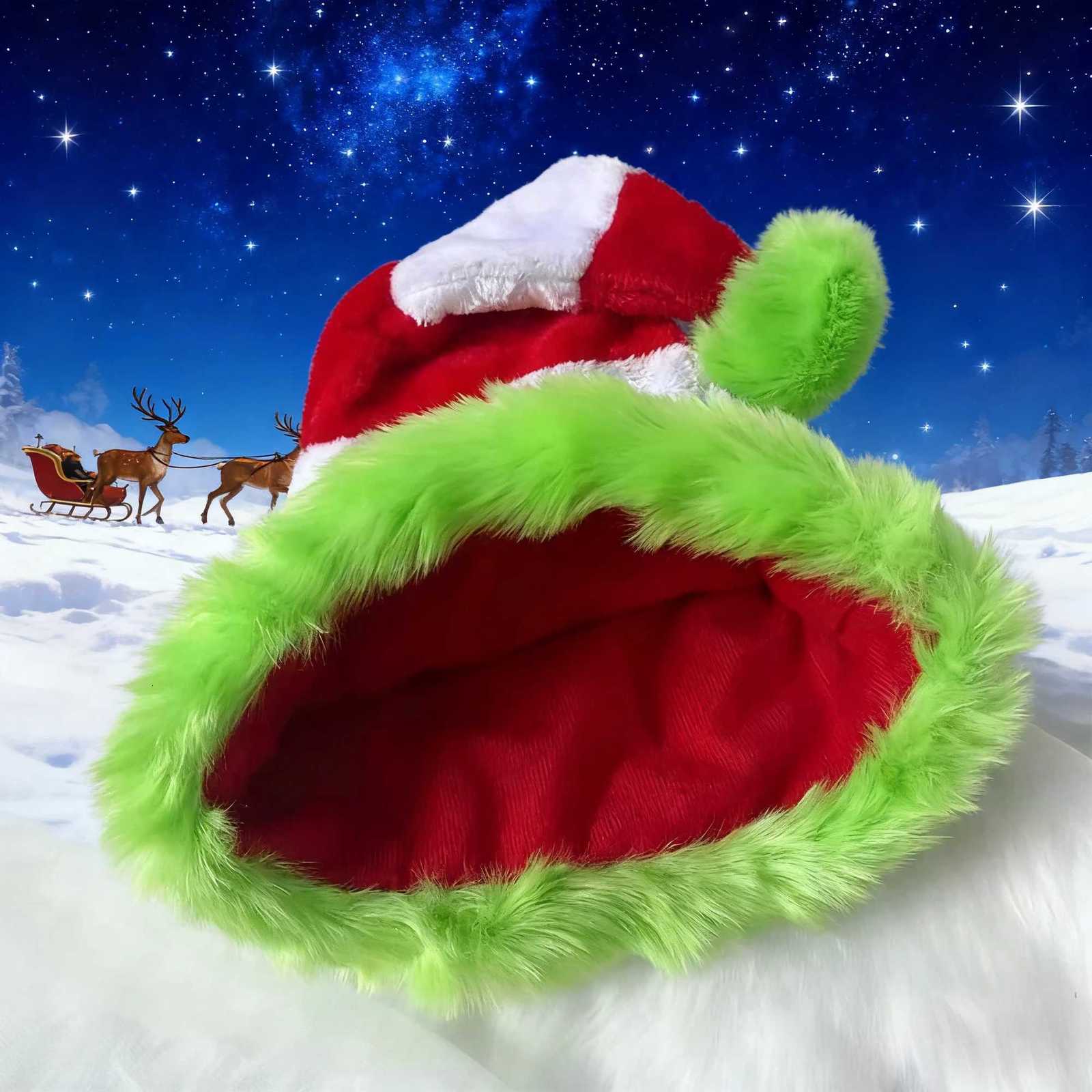Christmas Plush Santa Hat Grinch/Rainbow Style Festive Hat Funny Xmas Party Headwear Decor for Holiday Celebrations Y251115
