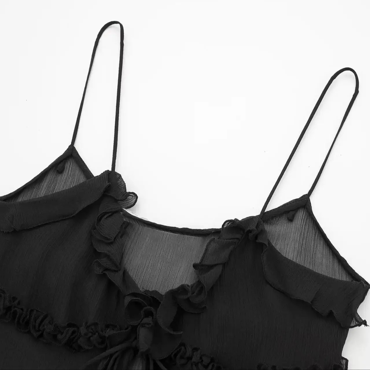 ZBZA Womens Layered Sexy Camisole Top Lace-up Hollow Spaghetti Strap Backless Ruffled Hem Solid Holiday Tops Summer Chic Shirt 250415