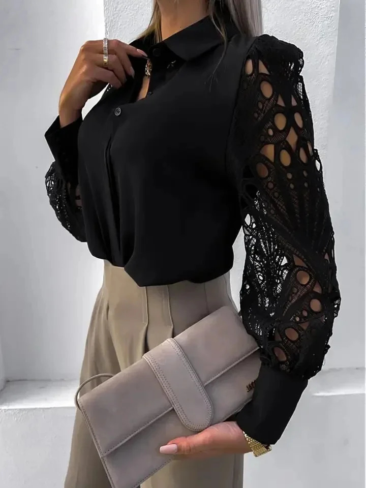 White Sexy Lace Hollow out Women Blouse Autumn Spring Black Top Vintage Button Up Shirts Long Sleeve Tops 250415