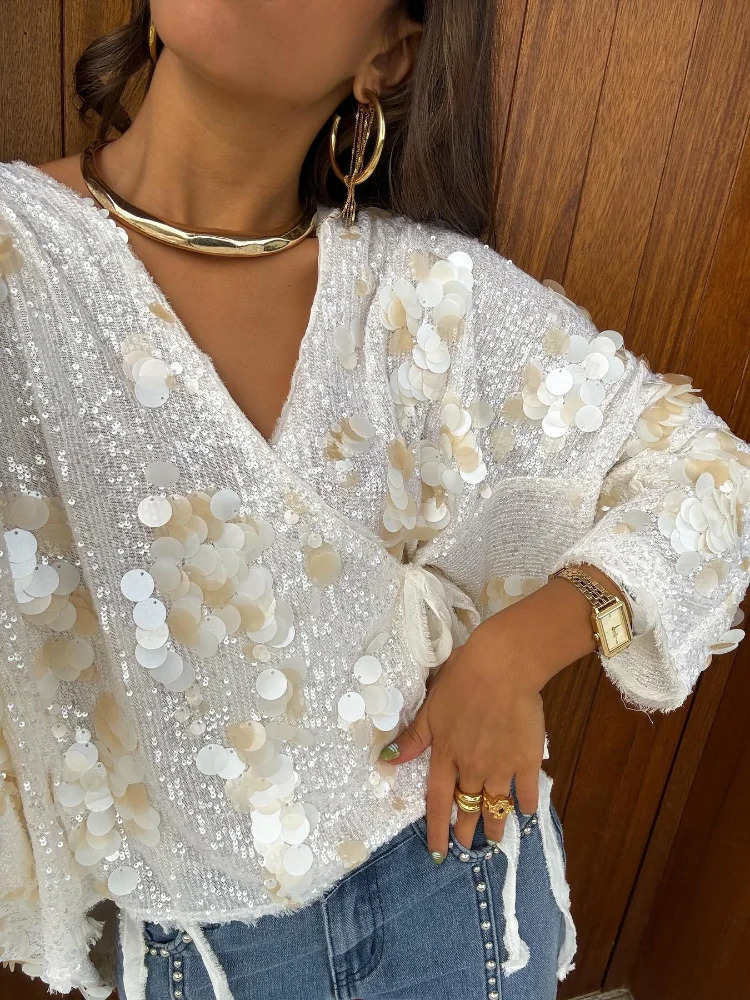 Women Fashion Sequin Lace Up Jackets Elegant V-neck Long Sleeve Shining Cardigan Coats 2025 Spring Female Chic High Street Tops 250410