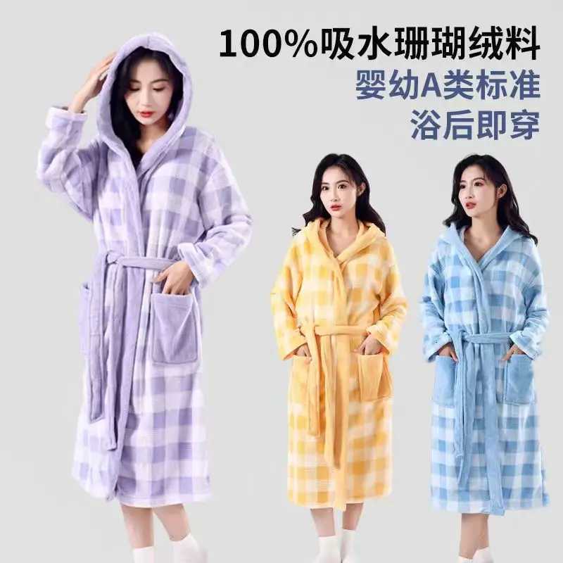 2025 Women Plush Fleece Robe Long Hooded Loungewear C251115