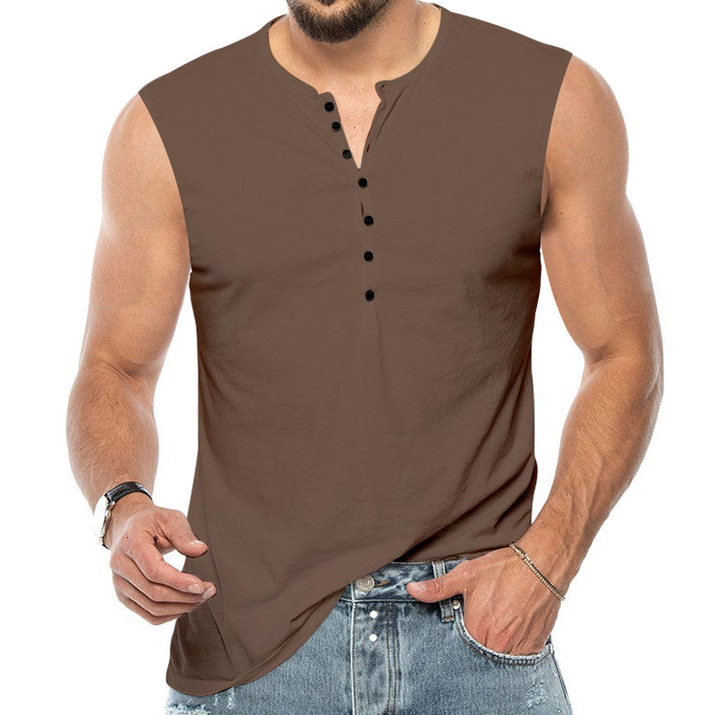 Men's tank top sleeveless summer new men's Henry shirt solid color button sports fitness vest
