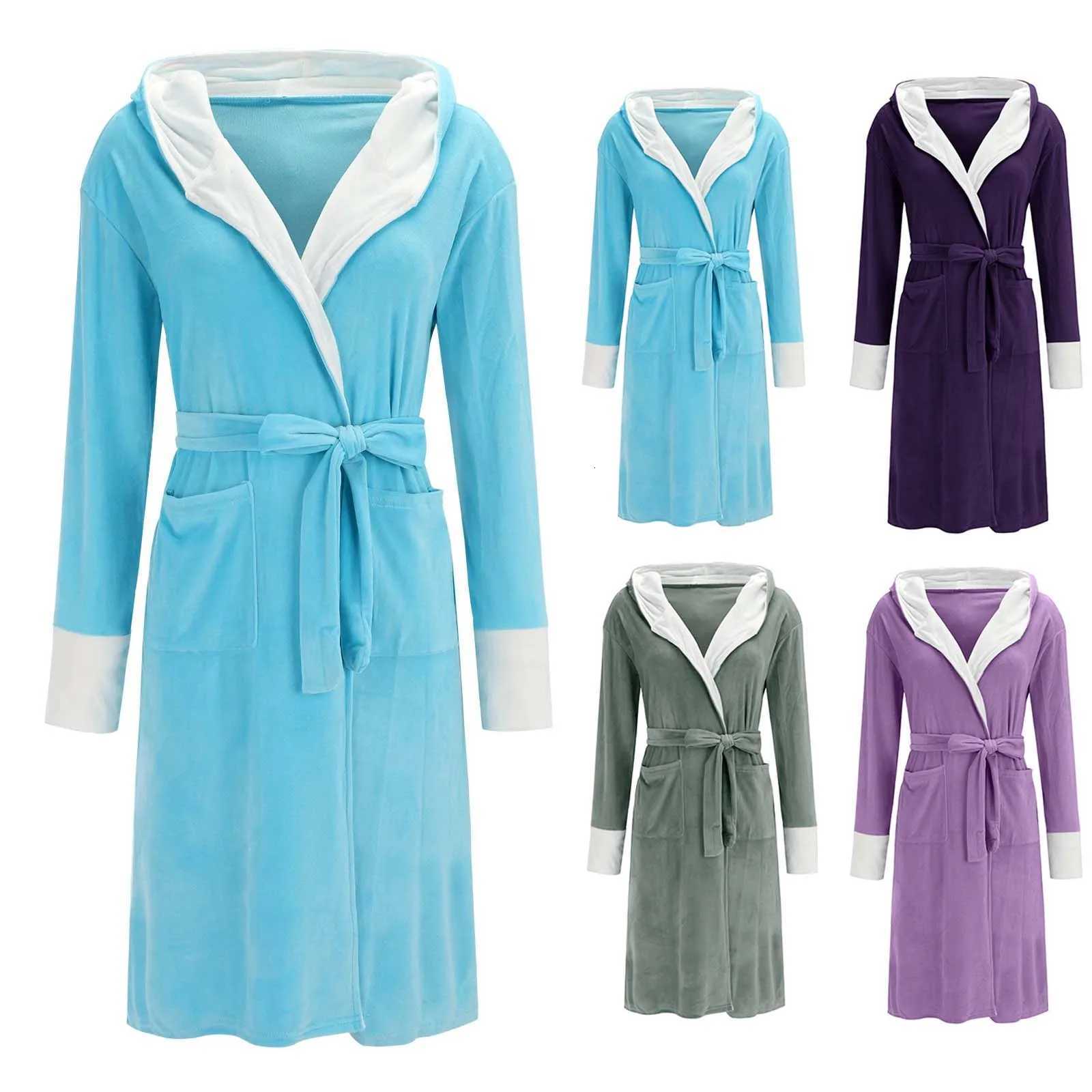 Womens Solid Color Winter Flannel Bathrobe Long-Length Pajama et With Pocket Thick Loungewear Robe Belt Homewear Bathrobe C251115