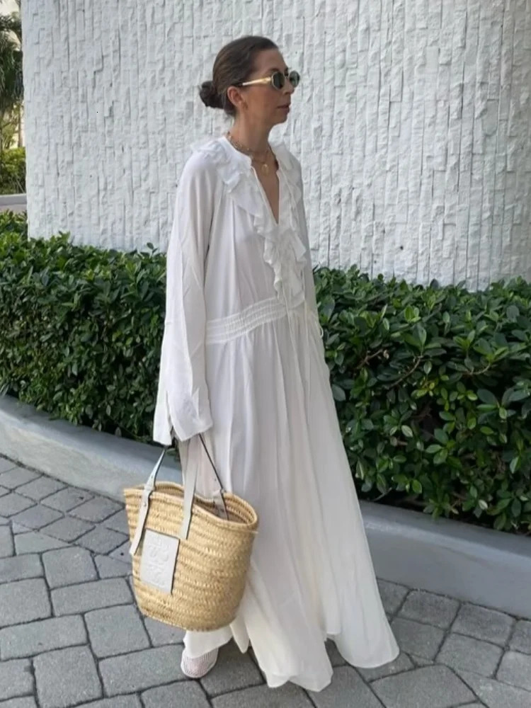Elegant white loose Guaze long dress womens casual V-neck Flare full sleeve long dress womens street office dress 250415