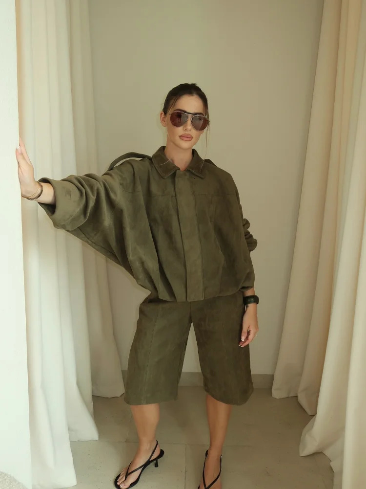 Chic Womens Green Suede Jacke Fashion Loose Long Sleeve Laple Zipper Bomber Jackets 2025 Spring Ladies High Street Clothing 250411