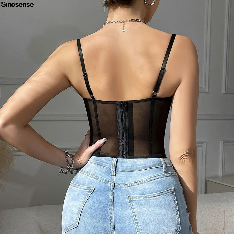 Women Lace Bustier Top Sexy Sheer Mesh See Through Spaghetti Strap Slim Camisole Y2K Going Out Night Club Party Corset Top 250415
