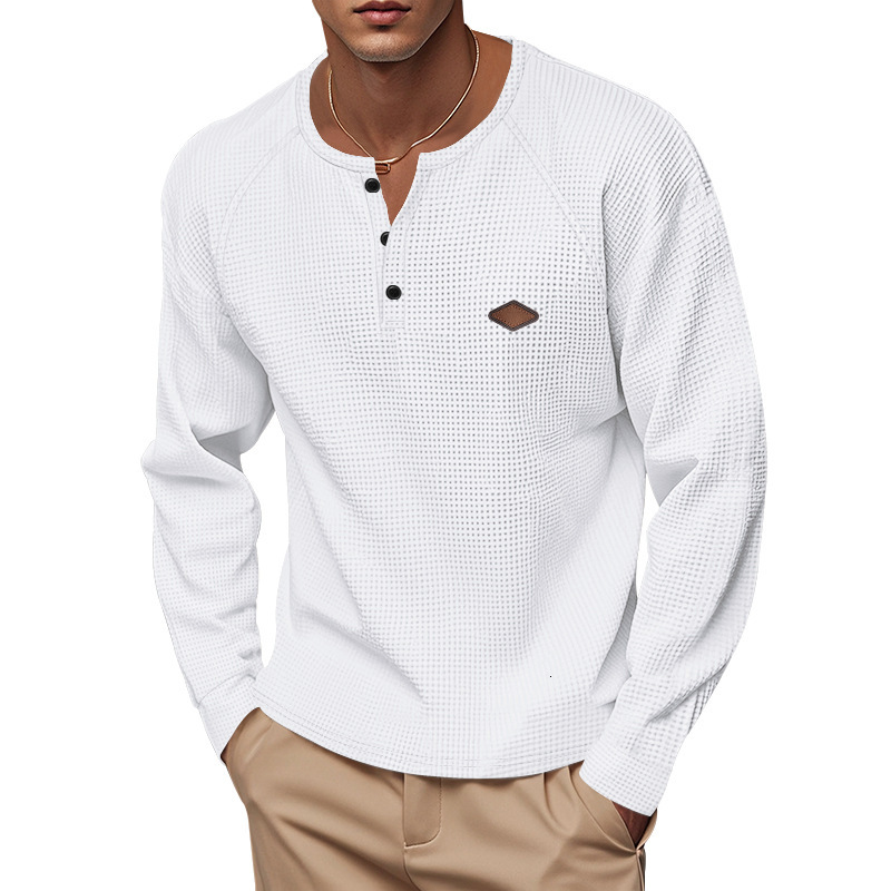 2025 Spring/Autumn Men's Casual Stand Collar Waffle Long Sleeve Button Slimming Henley Shirt