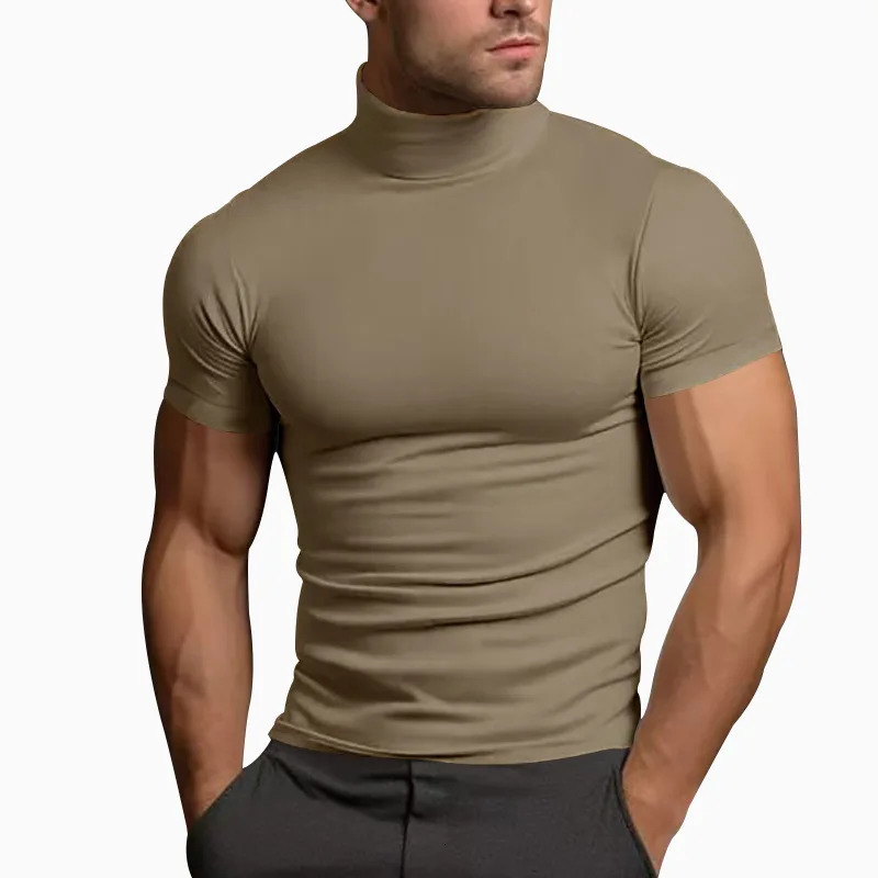 Cross-border summer solid color short-sleeved fashion bottoming shirt mens tight turtleneck T-shirt 250415