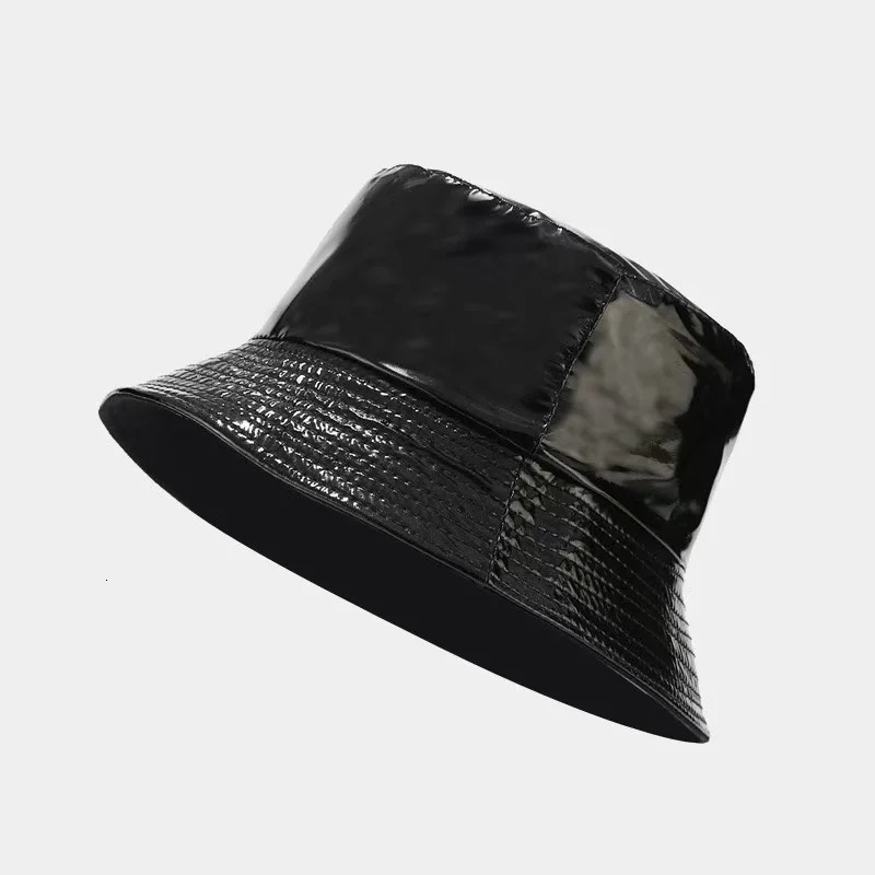 Artificial leather reversible bucket hat fashionable waterproof fishermans hat mens and womens gold and silver black fishing hat sun hat 250409