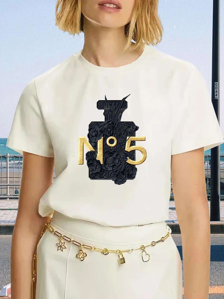 Brand Fashion Black Perfume Surrey Printed Crew Neck Clothing Short Sleeve T-Shirt Trend Women's Summer Y2K Top