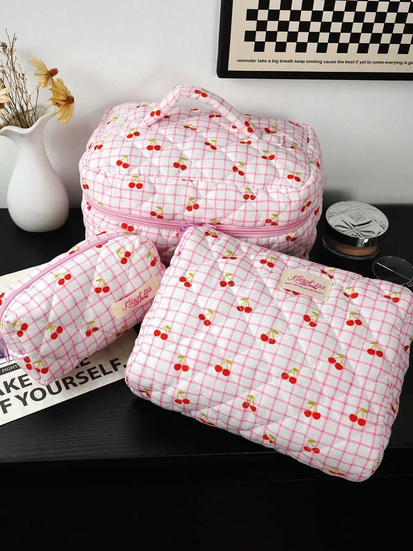 1 piece/set cherry printed zipper makeup bag cute floral makeup bag Y2K Ahetic portable toilet bag makeup storage bagXJ250415