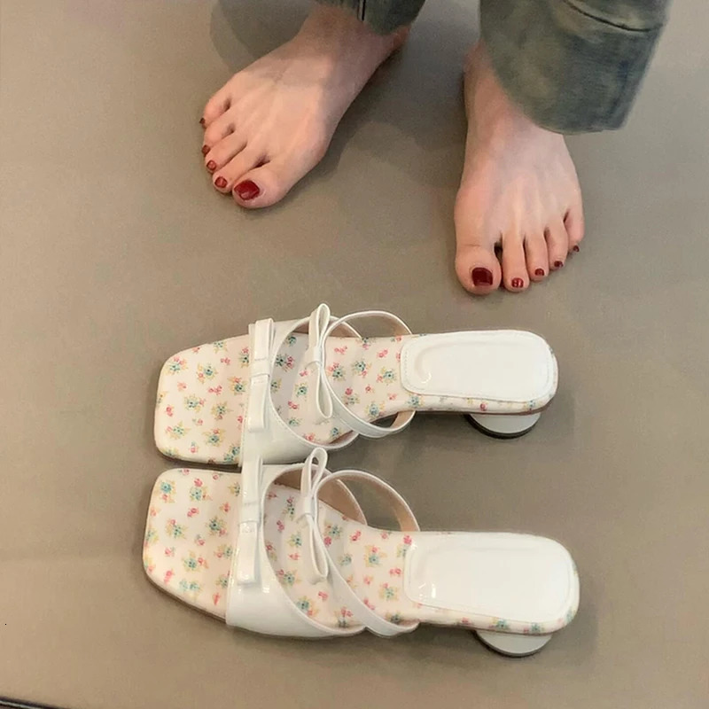 Summer Womens Square Toe Low Heels Slippers Concise Butterfly-knot Slides Party Wedding Candy Color Female Shoes 250411