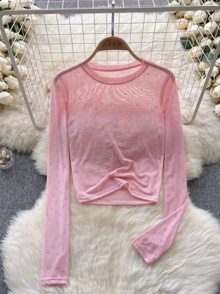 6 Colors T-shirts Women Cropped Sequins Slim Sheer Solid Spring Summer sexy Style Comfortable O-neck Clubwear European Style 250415