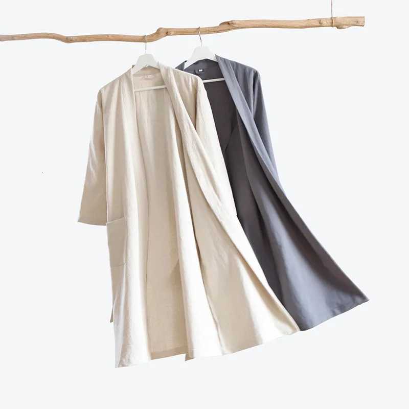 70 Cotton 30 Linen Kimono Bathrobe Nightgown 2025 New Loose Men And Women Dressing Gown Sleepwear Nightwear Solid Hotel Robe C251115