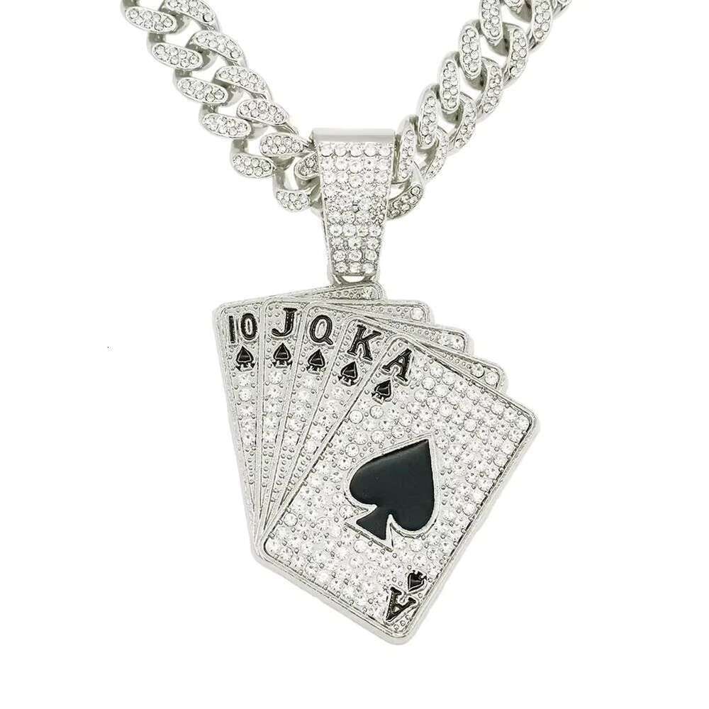 DHcollection Full Iced Out Crystal 13mm Miami Cuban Chain With Rhie Poker Pendant Necklace